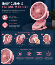 Pawan Mini Rechargeable Fan 227MM | 4 in 1 Clip Desktop Wall Mount Hanging | Adjustable Tilt 5 Speed 3 LED Light | 1200mAh Battery | Type C up to 8 Hour Backup | Silent Operation