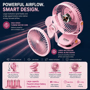 Pawan Mini Rechargeable Fan 227MM | 4 in 1 Clip Desktop Wall Mount Hanging | Adjustable Tilt 5 Speed 3 LED Light | 1200mAh Battery | Type C up to 8 Hour Backup | Silent Operation