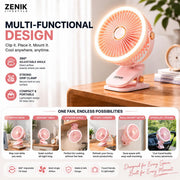 Pawan Mini Rechargeable Fan 227MM | 4 in 1 Clip Desktop Wall Mount Hanging | Adjustable Tilt 5 Speed 3 LED Light | 1200mAh Battery | Type C up to 8 Hour Backup | Silent Operation