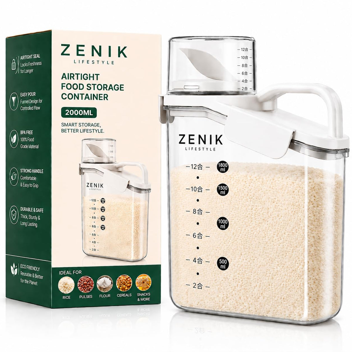 NESTWARE Airtight Food Storage Container with Flip Spout & Handle – BPA-Free Jar for Rice, Pulses, Flour, Cereal – Transparent Measuring Kitchen Jar (2000ml)