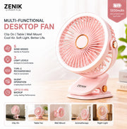 Pawan Mini Rechargeable Fan 227MM | 4 in 1 Clip Desktop Wall Mount Hanging | Adjustable Tilt 5 Speed 3 LED Light | 1200mAh Battery | Type C up to 8 Hour Backup | Silent Operation
