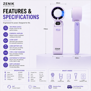 Product Title ZENIK Pawan Frost Handheld Personal Fan – Semiconductor Ice Cooling | 199 Speed Levels | 13000 RPM Turbo Motor | 3600mAh Type C | 12 Hour Backup | Foldable LED Display Mini Travel Fan