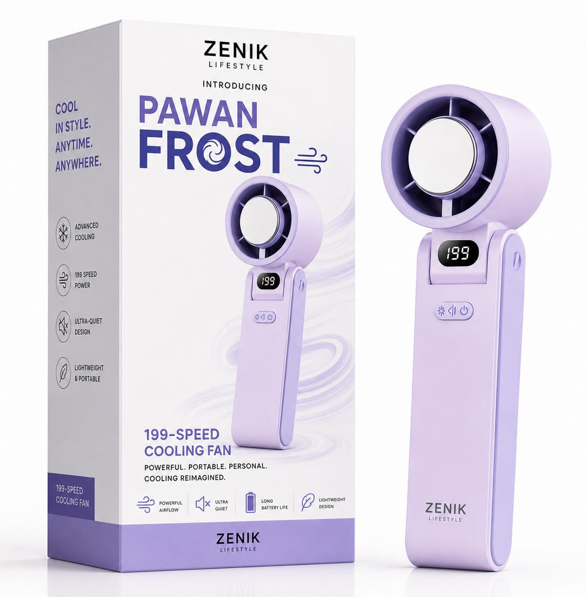 Product Title ZENIK Pawan Frost Handheld Personal Fan – Semiconductor Ice Cooling | 199 Speed Levels | 13000 RPM Turbo Motor | 3600mAh Type C | 12 Hour Backup | Foldable LED Display Mini Travel Fan